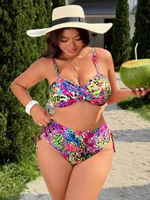 Swim Vcay Plus Size Women 2pcs/Set Random Print Casual Swimwear Set - Multicolor - View 5
