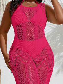 Slaydiva Plus Size Solid Color See-Through Round Neck Sleeveless Cover Dress With Tail Hem Summer - Hot Pink - View 3