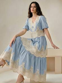 Anewsta Vintage Boho Light Blue V-Neck Puff Sleeve + Lace Patchwork Flared Skirt Vacation Style 2 Pieces Set Brunch Vacation Fall/Summer - Blue - View 4