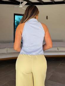 Maria Perezxox 女士夏季精品设计度假休闲性感无袖修身蓝色条纹外套领衬衫，新款时尚修身上衣 - 藍色 - 查看 2