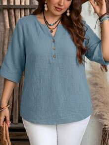 EMERY ROSE Women's Summer 3/4 Sleeve 100% Blue Double-Layer Crinkle Fabric Casual Shirt, Suitable For Spring & Summer - Blue - View 4