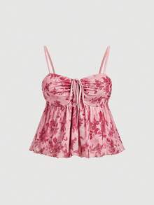 SHEIN MOD 大码女式吊带印花吊带背心和迷你裙套装，玫瑰红女式两件套，可爱浪漫，印花裙装套装。浪漫夏季两件套。裙装套装。非常适合度假、返校和夏季穿着。 - 玫紅色 - 查看 6