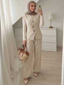 SHEIN Clasi Women's Casual Sexy Solid Color Top Pants 2 Pieces Set Teachers' Day Golf Pastal Summer - Apricot - View 4