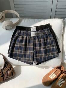 Comfortcana 2 piezas Conjunto de shorts casuales de mujer con parche bordado de letra y pantalones cortos de cintura baja de unicolor ultra cortos, adecuados para vacaciones, verano, graduación, regreso a la escuela, festival de música. 2 piezas Shorts a cuadros de mujer. Shorts tipo bóxer a cuadros de mujer. 3 piezas Boxers cortos casuales a cuadros de mujer - Multicolor - Ver 6