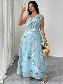 SHEIN Clasi Vestido longo plus size feminino com estampa floral, sem mangas e com ombros à mostra. Elegante para uso diário e ao ar livre, perfeito para o verão. - Azul - Ver 3