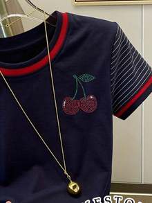 Resyla Áo thun crop top cổ tròn ôm sát, thời trang thường ngày, đính đá anh đào và sọc tương phản. - Màu xanh hải quân - Xem 3