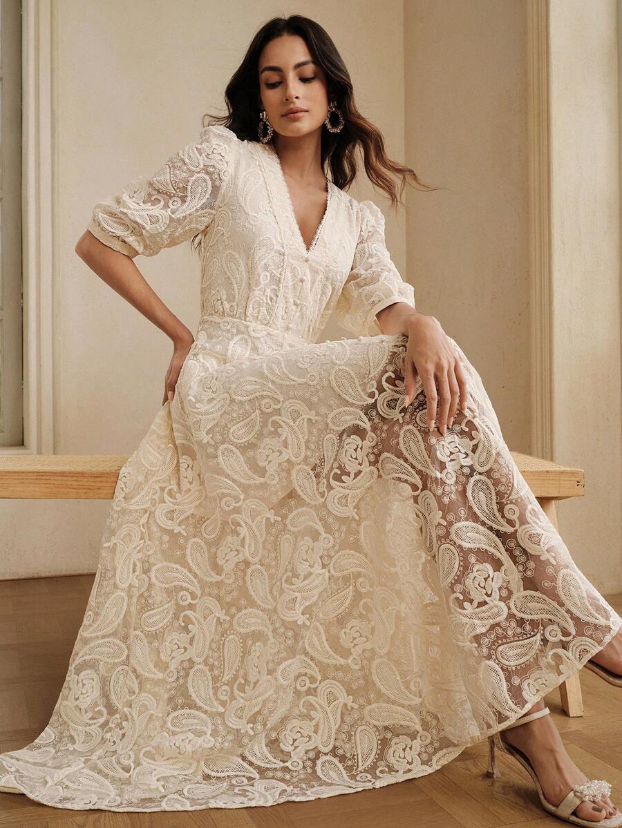 Anewsta Romantic French Style High-End Jacquard Petal Sleeve V-Neck Waist Flared Dress, Apricot Color, Suitable For Spring & Summer - Apricot - View 1