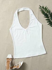 SHEIN EZwear 大尺碼女款黑白棕色露背掛脖上衣 度假夏季性感休閒寬鬆工裝風 - 彩色 - 查看 5