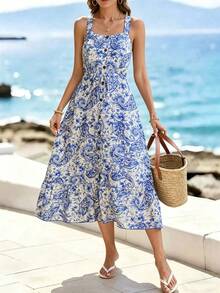 Breezaya Women's White And Blue Floral Summer Boho Vacation Holiday Elegant Spaghetti Strap Ruched Waist Printed Dress,Casual Office Party Beach Outfit - Blue - View 2