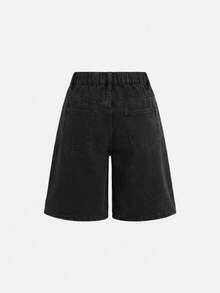Girlism Tween女孩優雅淺色水洗破洞牛仔短褲，附口袋內襯、仿珍珠裝飾與毛邊下擺，適合春夏度假海灘波希米亞風演唱會電音節慶，適用日常旅行、戶外、居家、早午餐、茶會、通勤、機場穿搭，女孩秋冬款，Tween女孩鄉村演唱會、工作/辦公商務休閒、開學街頭風 - 黑色 - 查看 2