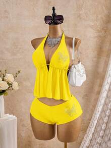 Bellisia Bộ đồ bơi tankini màu đen đính đá và hoa, thích hợp cho kỳ nghỉ biển mùa xuân/hè 26SS. - Màu vàng - Xem 4