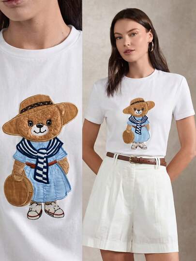 Briarwyn 女士休闲日常小熊刺绣圆领短袖T恤，夏季
