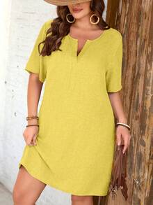 EMERY ROSE Faux Linen Comfortable Short Sleeve Epaulet Decor Plus Size Dress Spring Summer Women Gym Brown - Yellow - View 3