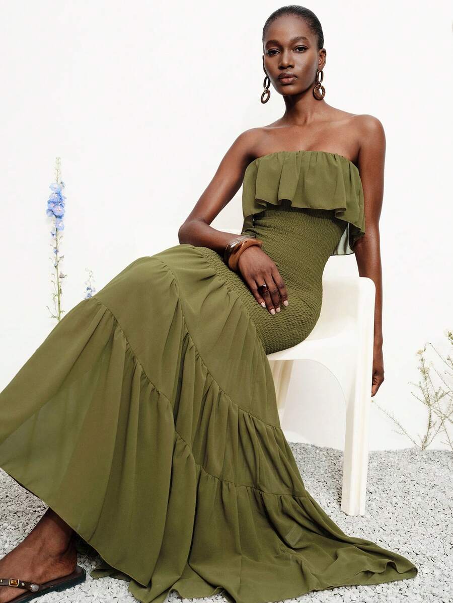 Aveloria Modichic Đầm nghỉ mát lãng mạn kiểu Pháp thanh lịch màu xanh ô liu bằng vải chiffon, có bèo nhún ở gấu váy, hở lưng, ôm sát và tôn dáng. - xanh quân đội - Xem 1