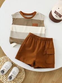 SHEIN 两件套男女宝宝休闲条纹背心T恤和工装短裤套装，男宝宝服装，男宝宝夏季服装，街头服饰 - 棕色 - 查看 1