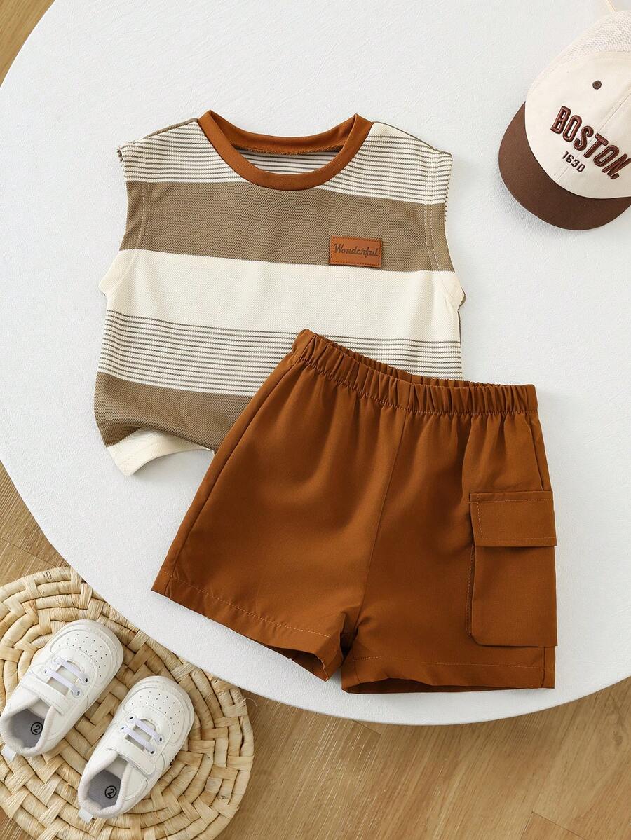 SHEIN 两件套男女宝宝休闲条纹背心T恤和工装短裤套装，男宝宝服装，男宝宝夏季服装，街头服饰 - 棕色 - 查看 1