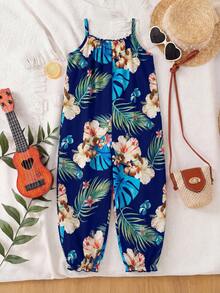 SHEIN Young Girl Vacation Casual Chiffon Ditsy Floral Jumpsuit - Navy Blue - View 2