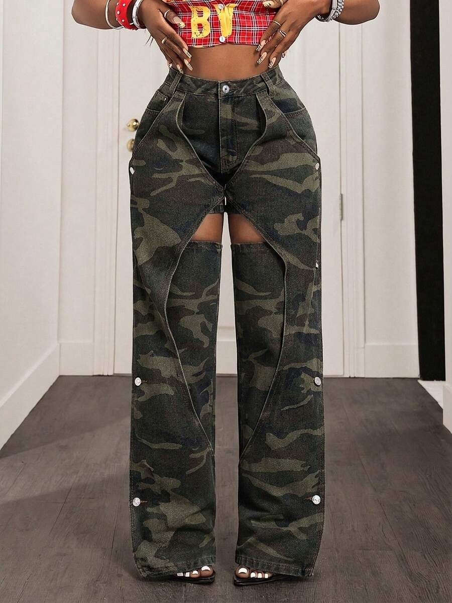 SHEIN 女士迷彩镂空直筒牛仔裤 - 軍綠色 - 查看 1