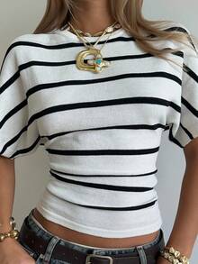 SHEIN EZwear 女士休闲通勤条纹蝙蝠袖修身短款针织上衣 - 黑與白 - 查看 1