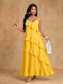 Brilight Women's Elegant Yellow Summer Tropical Garden Party Vacation Holiday Dress, Spaghetti Straps Irregular Lotus Leaf Hem Beach Sundress - Yellow - View 8