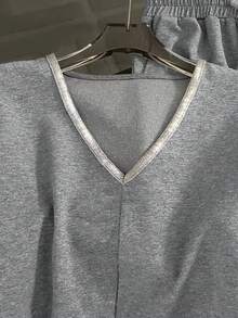 Resyla Regular Fit V-Neck Short Sleeve Top + Straight Leg Pants With Side Pockets - Light Grey - View 3