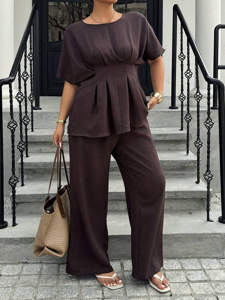 Dazy Plus Spring/Summer Loose Business Casual Fashionable Street Style Ruffle Design Cinched Waist Office Wear Pullover Top Short Sleeve Shirt & Straight Leg Casual Pants Suit, Elegant Plus Size Women 2-Piece Set, Brown Lounge Sets For Women