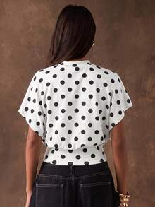 SHEIN BAE Women's Elegant White And Black Polka Dot Batwing Sleeve Cropped T-Shirt, Summer, Chic, Tea Party Going Out Day Party Brunch Casual Top For Beach - Black and White - View 2