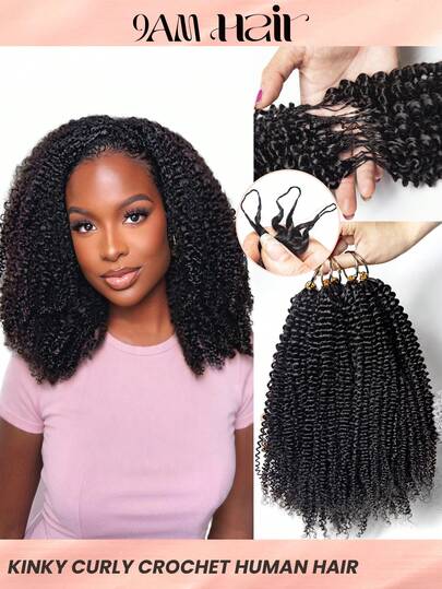 Boho Braids Afro Kinky Curly Knotless Pre-Separated Crochet Hair Extensions 100% Real Human Hair Feather Line Crochet Hair Braids Salon Seamless Natural Black Micro Pre Looped Crochet Feather Human Hair Extension