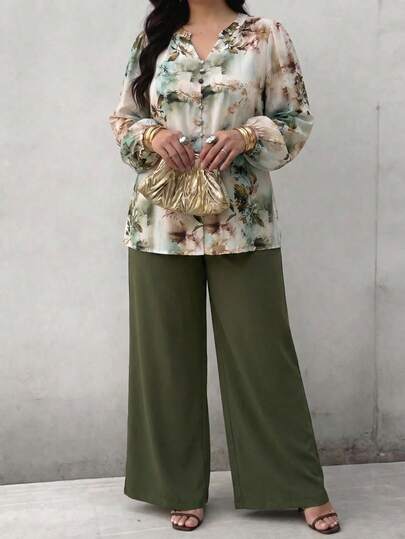 Al Najma 大码女式扎染印花灯笼袖衬衫和阔腿裤休闲两件套