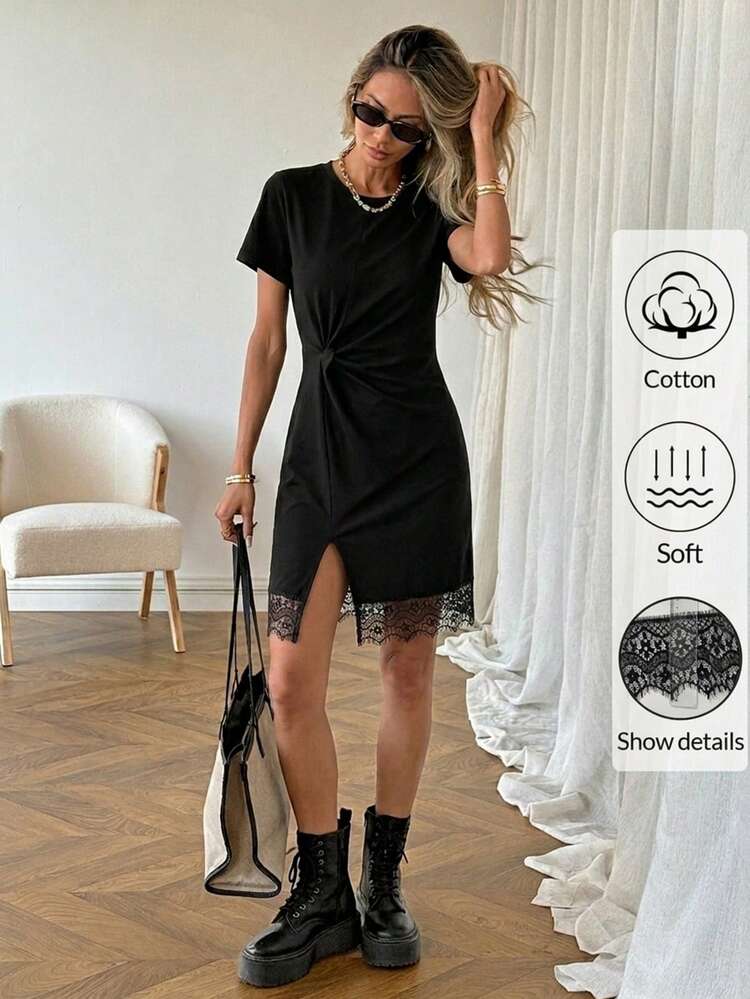 Easowa Đầm mini cotton đen mùa xuân/hè, cổ tròn, tay ngắn, thắt eo, viền ren, xẻ tà bên hông, dáng rộng, phù hợp cho phong cách thường ngày và thời trang. - màu đen - Xem 3