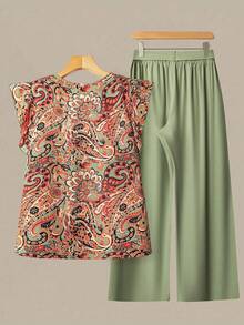 Linhara Bộ đồ 2 mảnh dành cho nữ cỡ lớn, họa tiết hoa Paisley nhiều màu sắc, cổ chữ V, tay bồng và quần ống rộng màu trơn có dây rút. - màu xanh lá - Xem 2