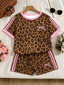 Tween Girls' Digital Polka Dot Bow Decor Short Sleeve Shorts Set, Casual Comfortable Stylish Spring/Summer Outfit, Versatile Design Suitable For Outdoor, Sports, Picnic, Photography, Home, School, Holidays, Gifts,Summer Outfits,Polka Dot Top,Squishy,Summer Sets,Summer Two Piece Set - Multicolor - View 3