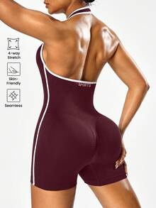 Velisys Velisys 2pcs/Set Jumpsuit Olahraga Wanita Tanpa Jahitan Warna Polos Model Halter Tanpa Punggung - MultiWarna - View 8