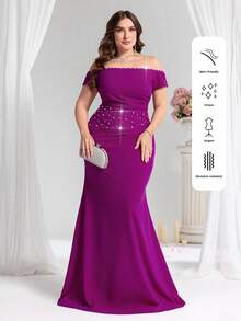 Coutiva Plus Size Women's Off Shoulder Pearl Accent Fitted Mermaid Formal Evening Dress, Party Dress, Gown, For Wedding Guest - Hot Pink - View 1