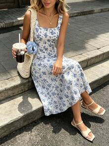 SHEIN Raffinéa Women's Fashionable Elegant Printed Waist Dress - Blue - View 6