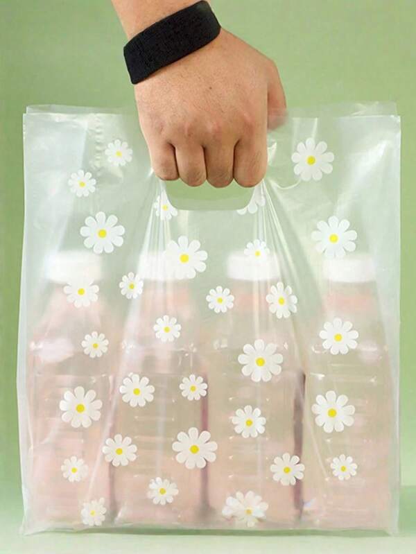 50 Pcs Daisy Four Finger Bags Paper Material For Fruit Salad Cake Takeout Gift Wrapping Portable Handle Tote Party Favor Picnic Supply Must Have