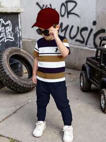 Souflis Souflis 2pcs/Set Young Boy Casual Striped & Logo Print Short Sleeve T-Shirt Top Paired With Solid Color Pants, Suitable For Outdoor Wear In Summer - Multicolor - View 1