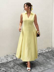 Firerie Plus Size Women's Elegant Summer Yellow Sleeveless V-Neck Waist Gathered A-Line Dress,Casual Daily Commute Beach Tea Party Vacation Chic - Yellow - View 7