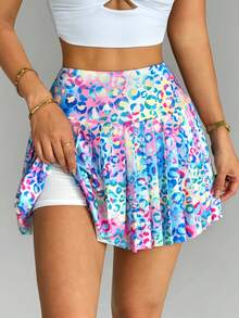 SHEIN Sovereign Charm Women's Leopard Print Pleated Casual Versatile Daily Wear & Sports Skort - Multicolor - View 3