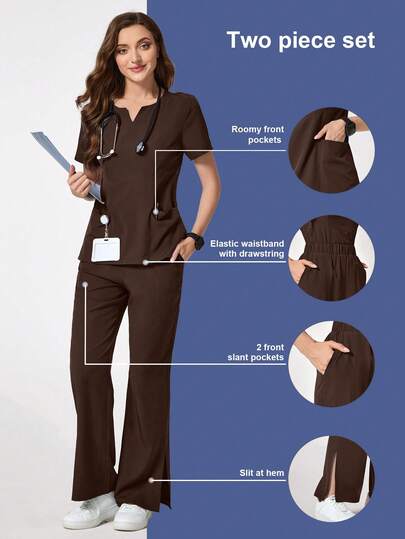 TaskEZ V-Neck Short Sleeve Top And Pants Scrub Set