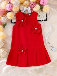 Elladie kids 小女孩红色无袖褶皱蝴蝶结纯色连衣裙，简约优雅的夏季儿童情人节公主裙 - 紅色 - 查看 4