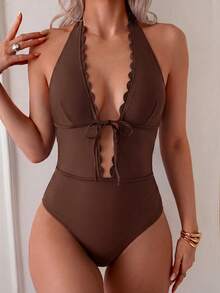 Bonvoyette 1pc Women's Solid Color Casual Vacation Jumpsuit Swimsuit - Coffee Brown - View 4