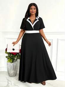 Villa Velisse Plus Size Women's Black And White Contrast Color Knit Collared Short Sleeve Waist Cinched A-Line Loose Casual Elegant Formal Summer Dress For Work - Black and White - View 6