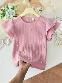 SHEIN LMoss Kids Blusa informal de cuello redondo con volantes y unicolor para niña - Rosa - Ver 5