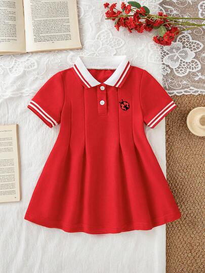 SHEIN 女婴拼接褶皱休闲短袖连衣裙，适合休闲外出、运动、聚会、海滩度假