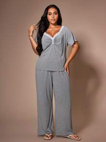Lazeform Button Decor Pleated Design Minimalist Plus Size Pajama Set - Grey - View 3