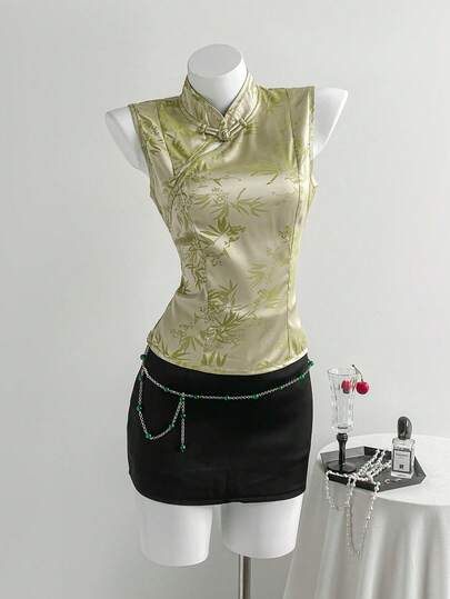 Elamini Y2K Girl Sweet Casual Vacation Street Daily School Work Date Shopping Party Waist-Cinched Fitted Mandarin Collar Sleeveless Button-Up Bamboo Leaf Green Jacquard Pattern Women Shirt, Spring/Summer