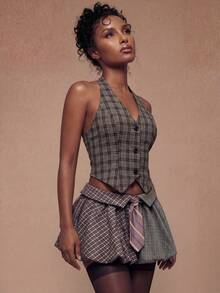 Modviera Top vintage a quadri con spalle scoperte, collo alto e sexy, top elegante a quadri, adatto per vacanze estive, Natale e Capodanno, per uscite sociali, stile vintage da indossare a scuola, adatto per vacanze, appuntamenti, tè pomeridiano, stile occidentale - Castano - Visualizzare 1