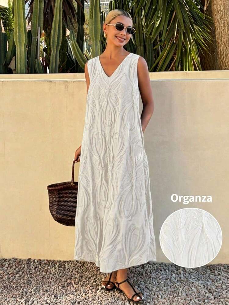 straight summer dress for ladies Livesso Women's V-Neck Casual Loose Lace Organza Beach Dress, Elegant Vacation, Commute, Spring & Sun Dresses For Women 2025BFCM14DRESS