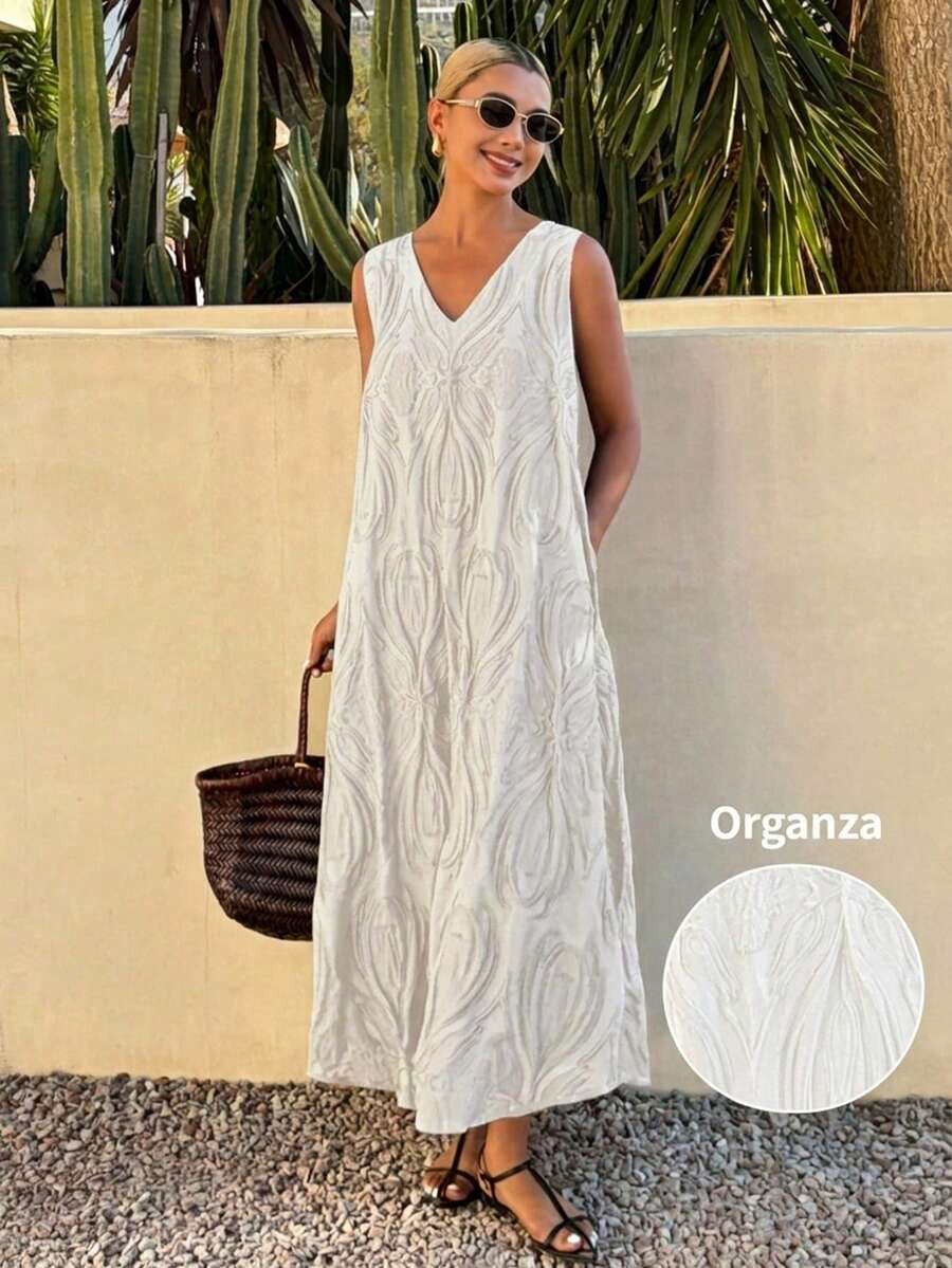Livesso Damen V-Ausschnitt Casual Loose Straight Spitze Organza Strandkleid, elegant für Urlaub, Pendeln, Frühlings- und Sommerkleider für Frauen - Weiss - Übersicht 1